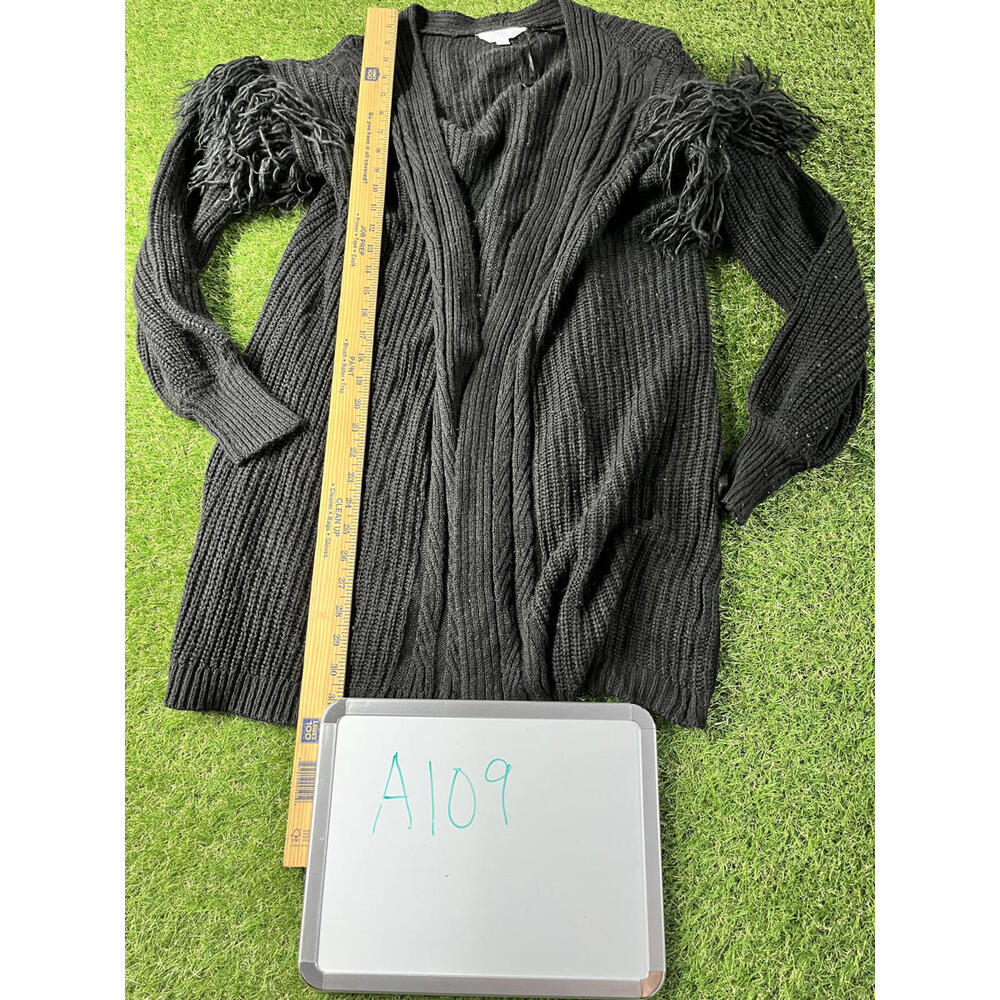 Time & Tru Black Knit Cardigan‎ with Fringe Detail Size L (12-14) Flaw